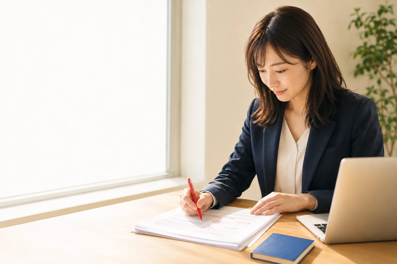 印刷した記事の下書きに赤ペンで手を入れて推敲する担当者