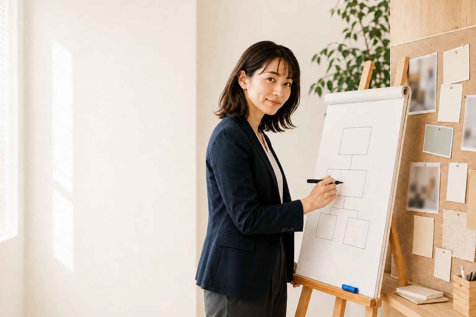 ムードボードのあるスタジオでイーゼルに構想図を描いている担当者