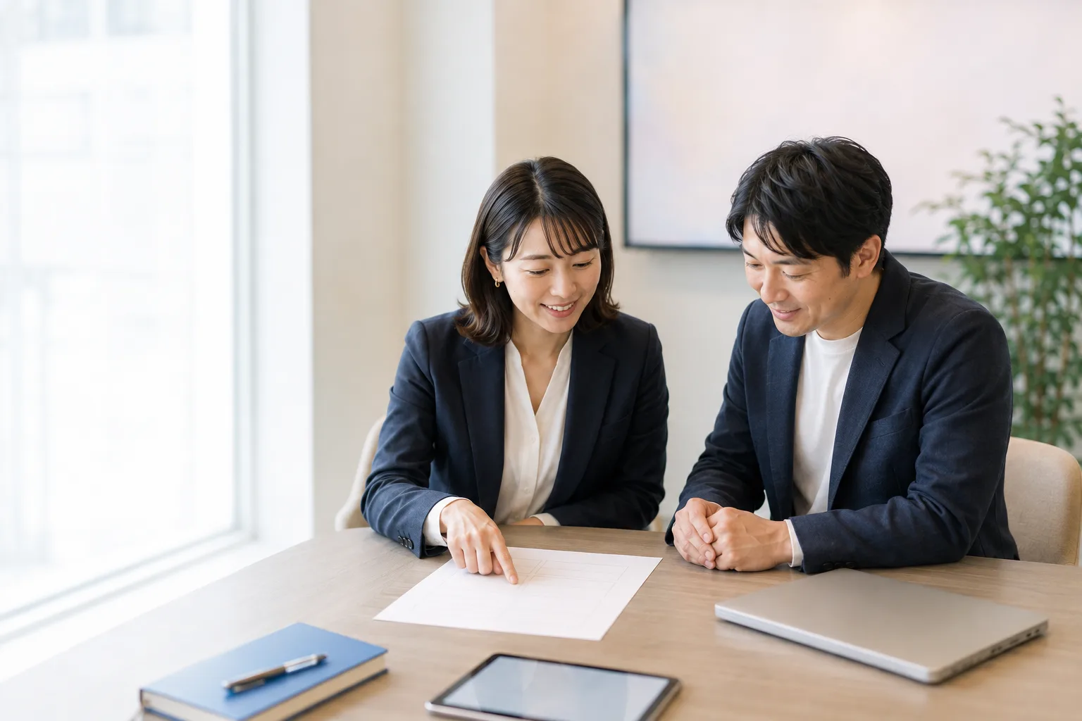 制作担当者とクライアントが見積書を指し示しながら確認する2人