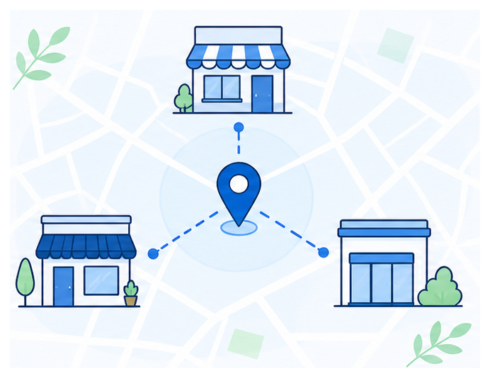 地域の店舗と中心地点を結ぶ図