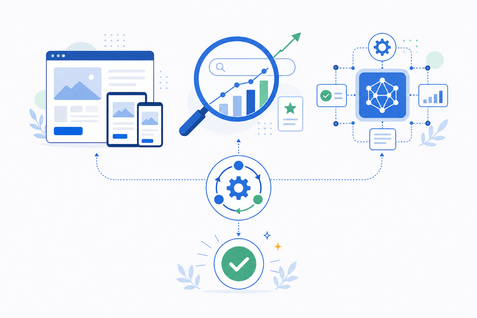 WEB制作、SEO、AIを一つの運用系統へ統合する図
