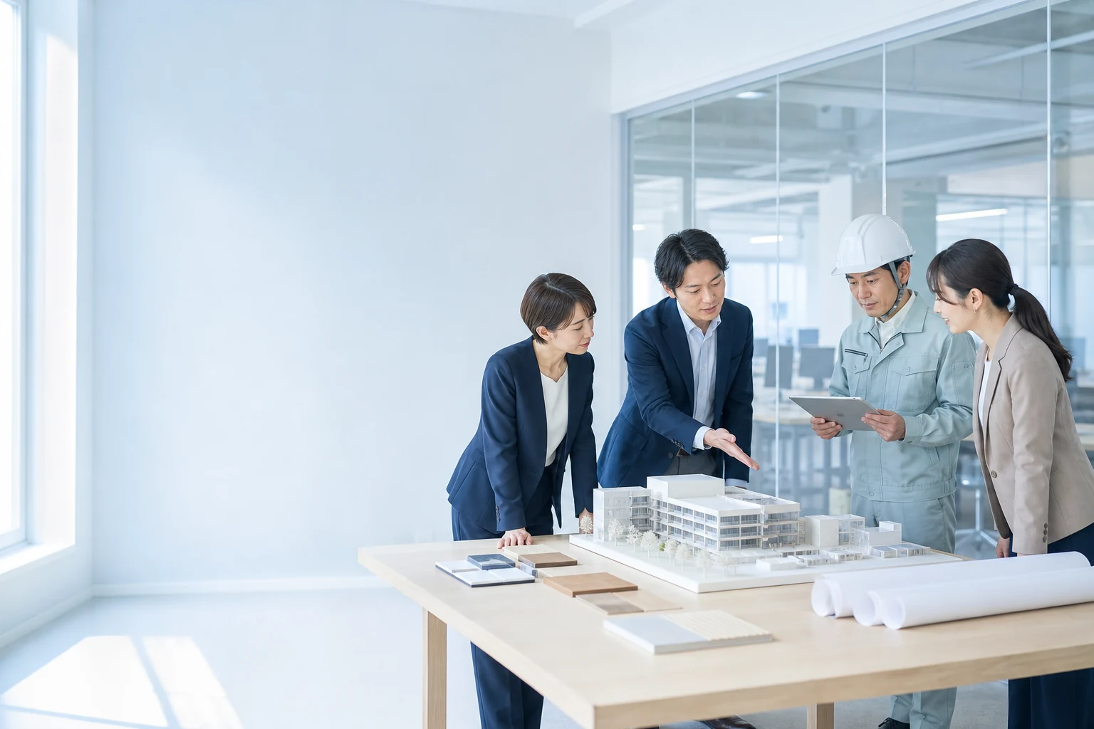 模型と資料を囲み、チームで計画を検討する打ち合わせの様子