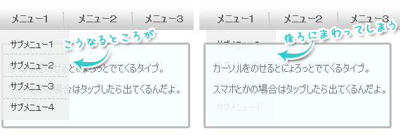 サブメニューが後ろに回る